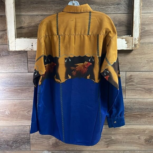 MICHELIN Mens Western Roper Country Rooster Graphic Dress Shirt Blue Gold Red - Picture 6 of 8